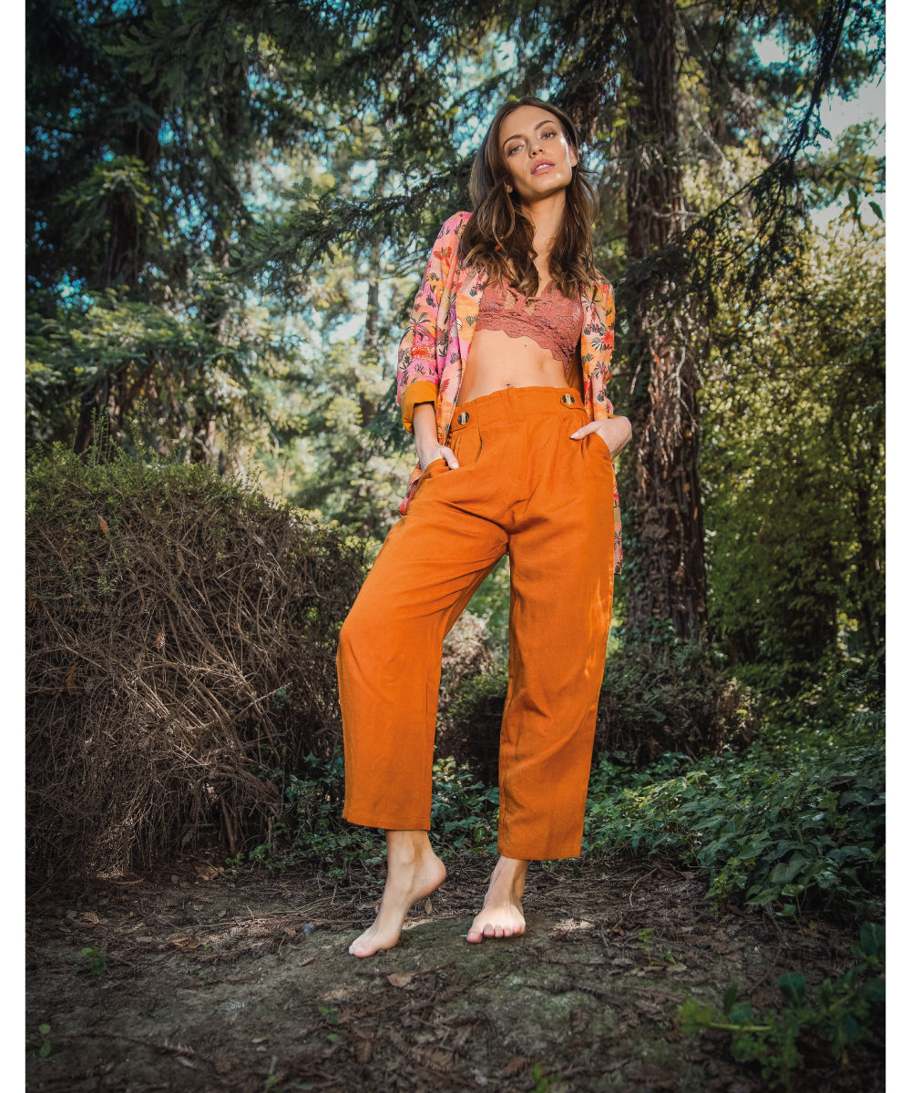 PANTALON LINO ROLL MOSTAZA