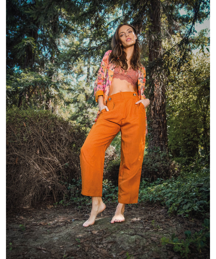 PANTALON LINO ROLL MOSTAZA