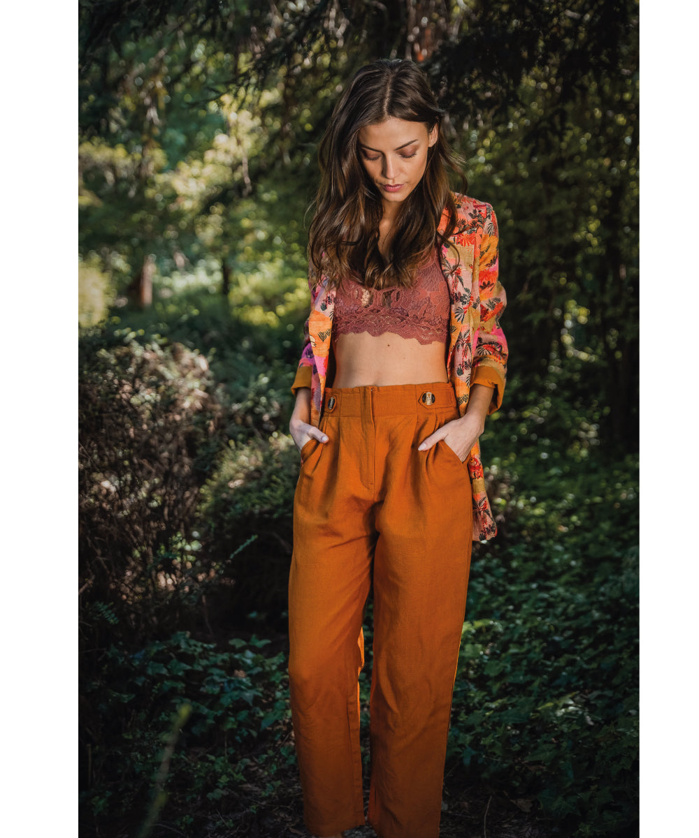 PANTALON LINO ROLL MOSTAZA