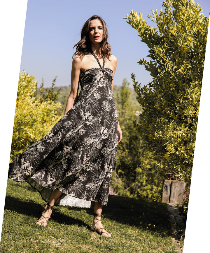 VESTIDO SALVADOR PALMAS NEGRO/CRUDO