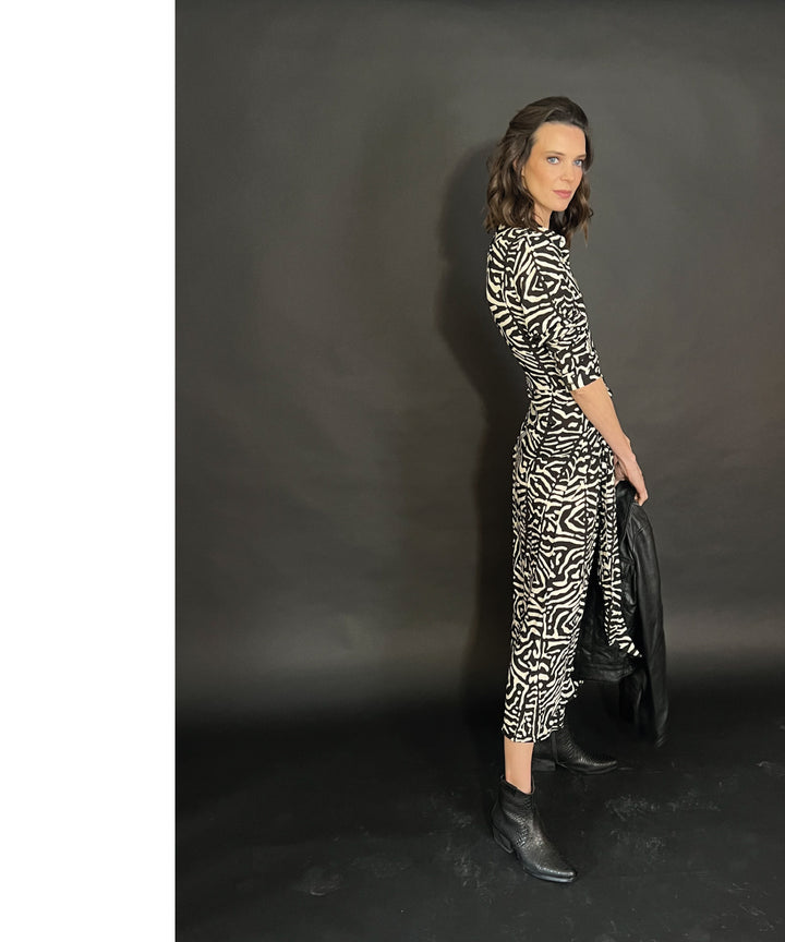 Vestido Colomba print negro y beige